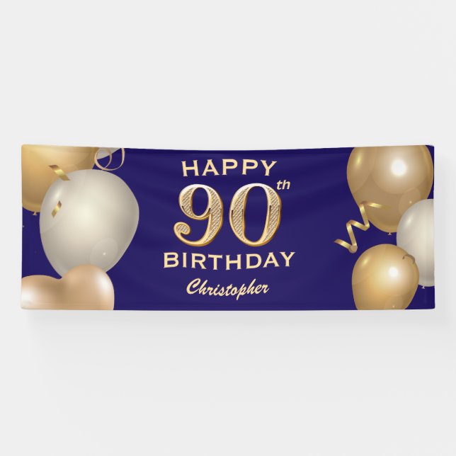 90th Birthday Party Navy Blue and Gold Balloons Banner (Horizontal)