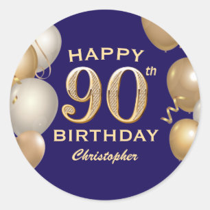 90th Birthday Party Navy Blue and Gold Balloons Classic Round Sticker