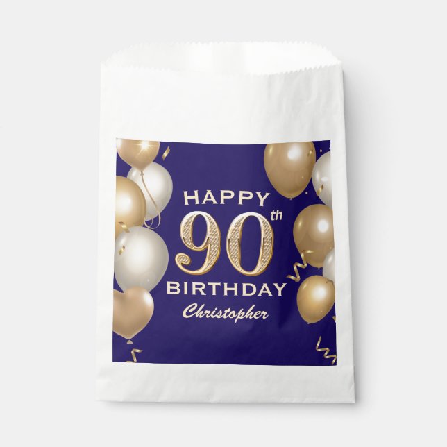 90th Birthday Party Navy Blue and Gold Balloons Favour Bags (Front)