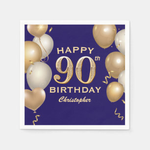 90th Birthday Party Navy Blue and Gold Balloons Napkin