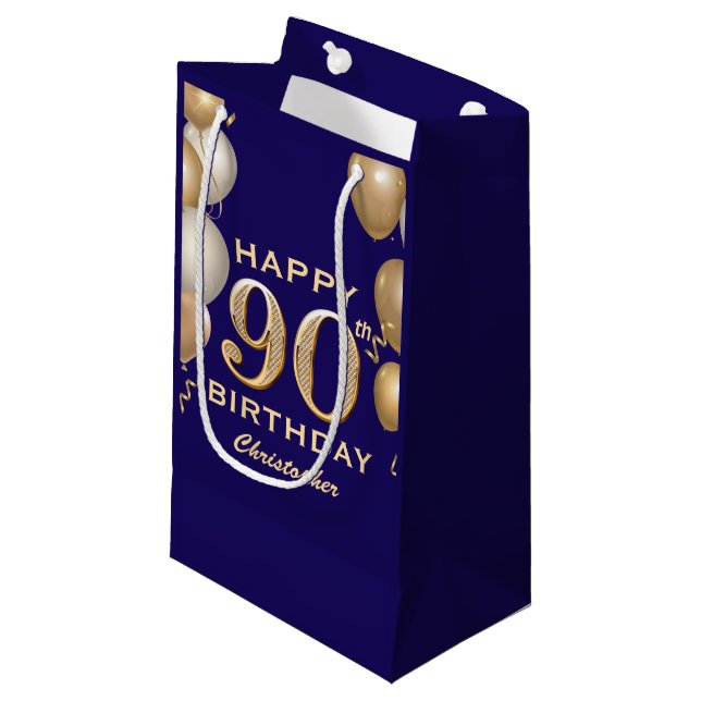 90th Birthday Party Navy Blue and Gold Balloons Small Gift Bag (Front Angled)