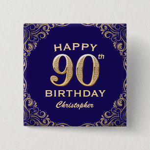90th Birthday Party Navy Blue and Gold Glitter 15 Cm Square Badge