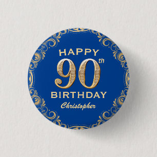 90th Birthday Party Navy Blue and Gold Glitter 3 Cm Round Badge