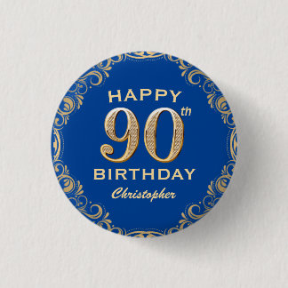 90th Birthday Party Navy Blue and Gold Glitter 3 Cm Round Badge