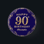 90th Birthday Party Navy Blue and Gold Glitter 3 Cm Round Badge<br><div class="desc">90th Birthday Party Navy Blue and Gold Glitter Frame Button. For further customisation,  please click the "Customise it" button and use our design tool to modify this template.</div>