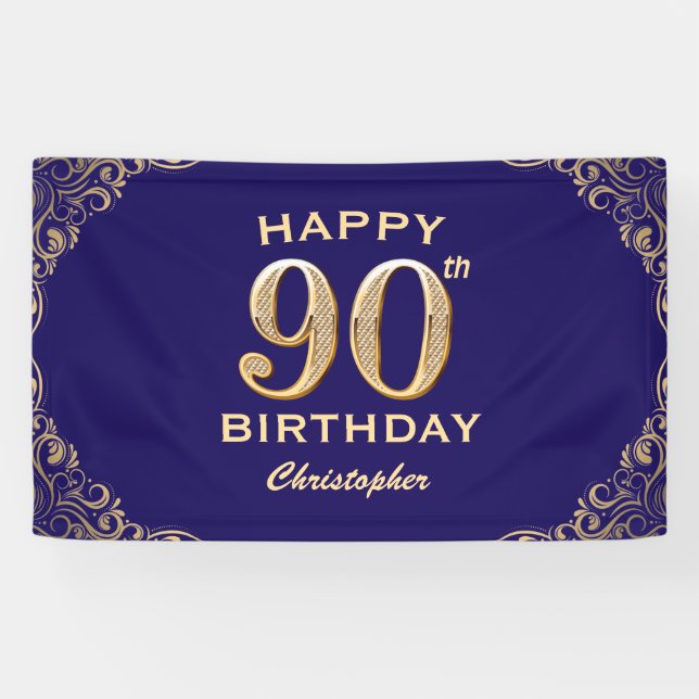 90th Birthday Party Navy Blue and Gold Glitter Banner (Horizontal)