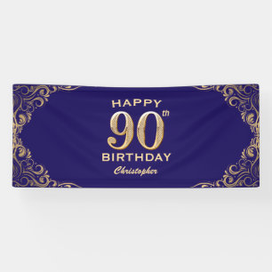 90th Birthday Party Navy Blue and Gold Glitter Banner