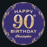 90th Birthday Party Navy Blue and Gold Glitter Classic Round Sticker<br><div class="desc">90th Birthday Party Navy Blue and Gold Glitter Frame Sticker. For further customisation,  please click the "Customise it" button and use our design tool to modify this template.</div>