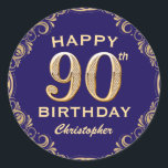 90th Birthday Party Navy Blue and Gold Glitter Classic Round Sticker<br><div class="desc">90th Birthday Party Navy Blue and Gold Glitter Frame Sticker. For further customisation,  please click the "Customise it" button and use our design tool to modify this template.</div>
