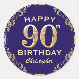 90th Birthday Party Navy Blue and Gold Glitter Classic Round Sticker