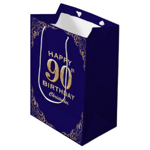 90th Birthday Party Navy Blue and Gold Glitter Medium Gift Bag
