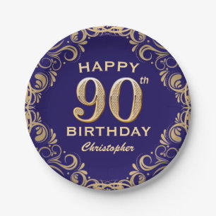 90th Birthday Party Navy Blue and Gold Glitter Paper Plate