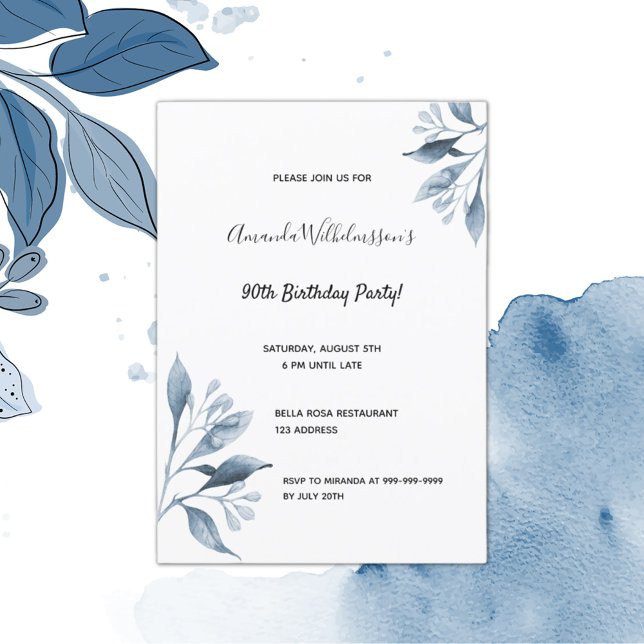 90th birthday party navy blue florals botanical invitation (Creator Uploaded)