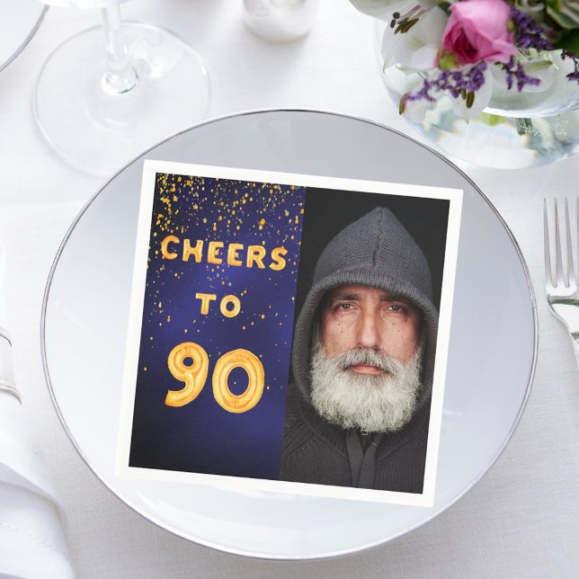 90th birthday party navy blue gold photo man guy napkin (Creator Uploaded)
