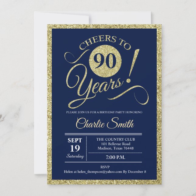 90th Birthday Party - Navy Gold ANY YEAR Invitation (Front)