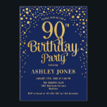 90th Birthday Party - Navy & Gold Invitation<br><div class="desc">90th Birthday Party Invitation.
Elegant design in navy blue and faux glitter gold. Features stylish script font and confetti. Message me if you need custom age.</div>