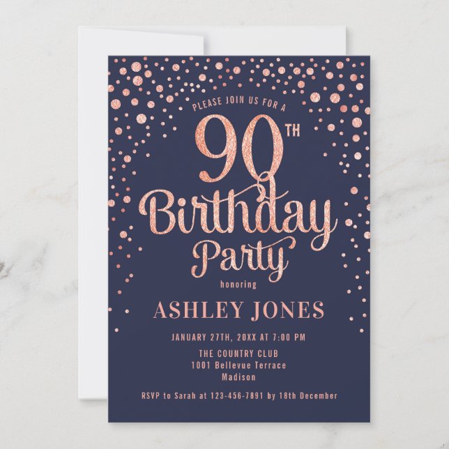 90th Birthday Party - Navy & Rose Gold Invitation (Front)