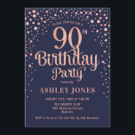 90th Birthday Party - Navy & Rose Gold Invitation<br><div class="desc">90th Birthday Party Invitation.
Elegant design in navy blue and faux glitter rose gold. Features stylish script font and confetti. Message me if you need custom age.</div>