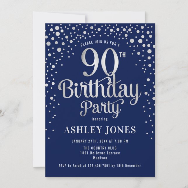 90th Birthday Party - Navy & Silver Invitation (Front)