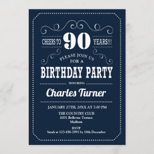90th Birthday Party - Navy White Invitation