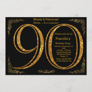 90th,Birthday party, Ninety, Gatsby, black & gold Invitation