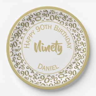 90th Birthday Party Number Pattern Gold and White Paper Plate