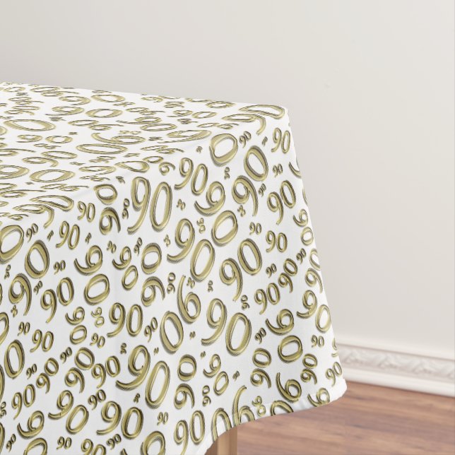 90th Birthday Party Number Pattern Gold and White Tablecloth (In Situ)