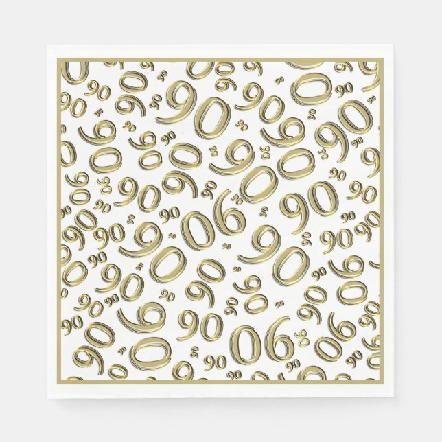 90th Birthday Party Number Pattern Gold/White Napkin (Front)