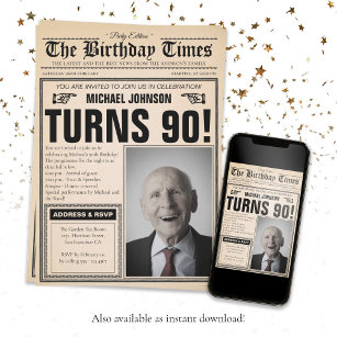 90th Birthday Party Old Newspaper Fun Custom Photo Invitation