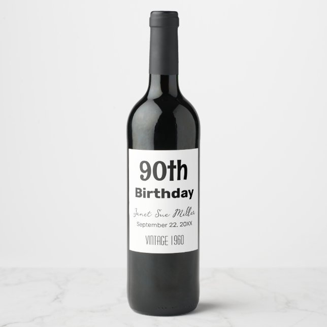 90th Birthday Party Paper Favour Wine Bottle Label (Front)