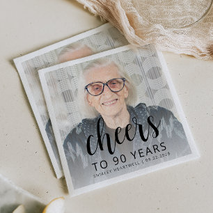 90th Birthday Party Photo Black Script Cheers Napkin