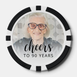 90th Birthday Party Photo Black Script Cheers Poker Chips
