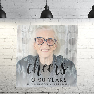 90th Birthday Party Photo Black Script Cheers Tapestry