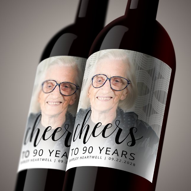 90th Birthday Party Photo Black Script Cheers Wine Label (Creator Uploaded)
