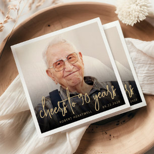 90th Birthday Party Photo Cheers Gold Script Napkin