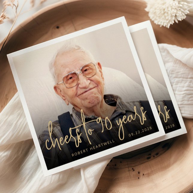 90th Birthday Party Photo Cheers Gold Script Napkin (Creator Uploaded)