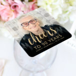 90th Birthday Party Photo Cheers Square Paper Coaster<br><div class="desc">This custom 90th birthday paper coaster features the guest of honour's personalised photo,  name,  and birthday,  along with the word "Cheers" in elegant gold-coloured calligraphy script. A dark screen helps make the text pop. A great way to celebrate someone who's turning ninety!</div>