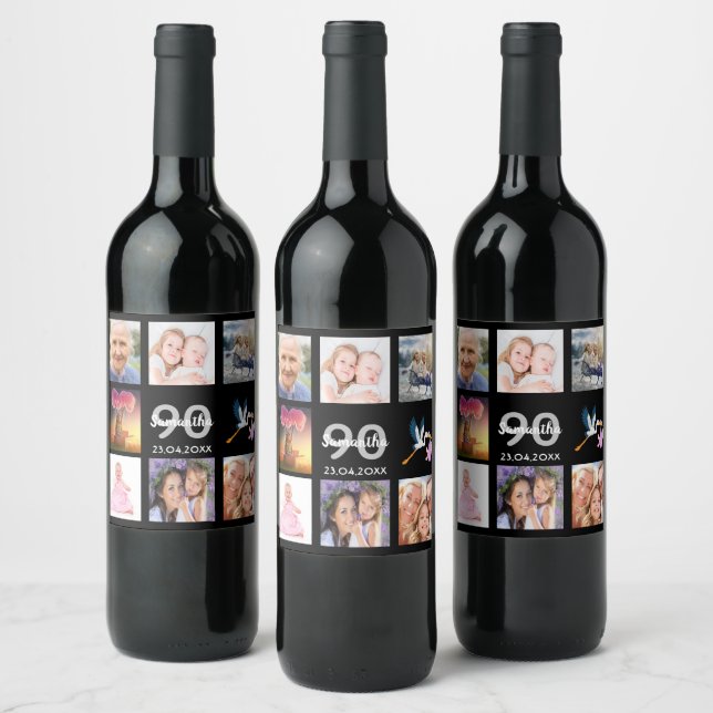 90th birthday party photo collage black wine label (Bottles)