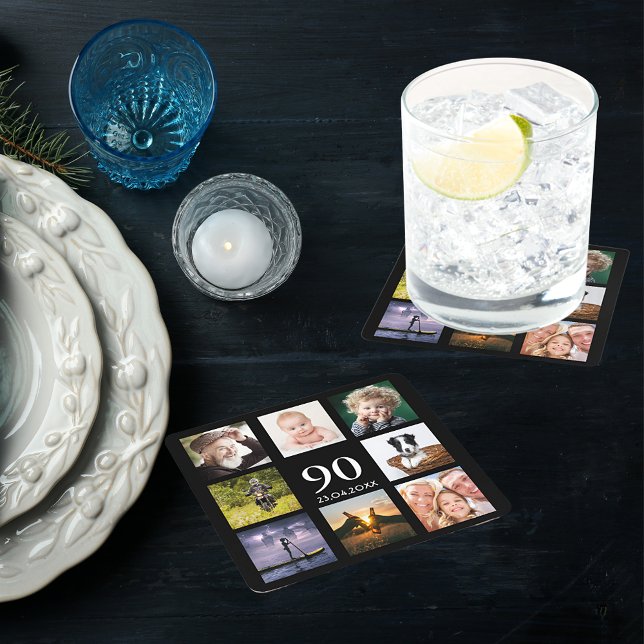 90th birthday party photo collage guy black square paper coaster (Creator Uploaded)