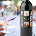 90th birthday party photo collage guy black wine label<br><div class="desc">A wine bottle label for a 90th birthday party for a guy,  celebrating his life with a collage of 8 of your own photos.  Templates for a name,  age 90 and a date.  Date of birth or the date of the party.  White coloured letters. Black background.</div>