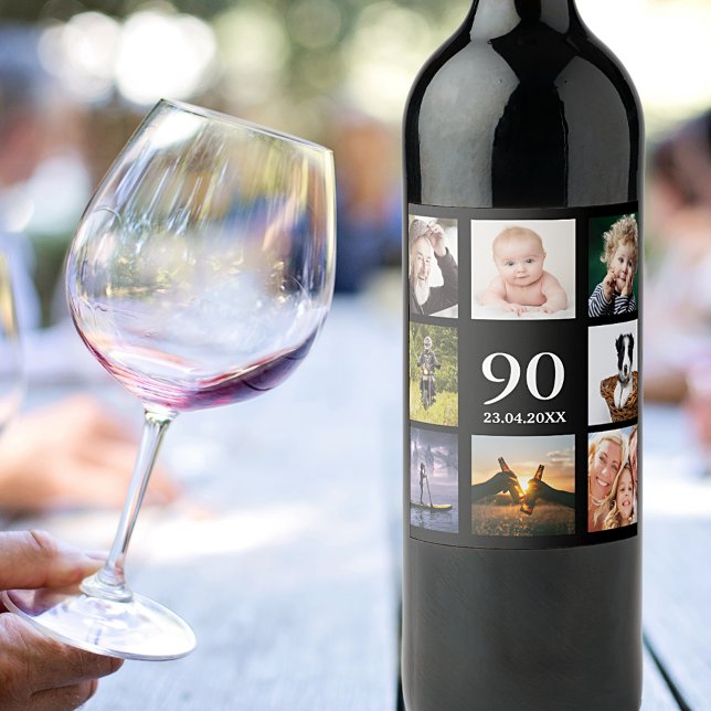90th birthday party photo collage guy black wine label (Creator Uploaded)