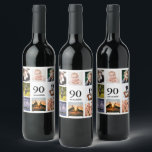 90th birthday party photo collage guy wine label<br><div class="desc">A wine bottle label for a 90th birthday party for a guy,  celebrating his life with a collage of 8 of your own photos.  Templates for a name,  age 90 and a date.  Date of birth or the date of the party.  Black coloured letters.  White background.</div>