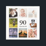 90th birthday party photo collage guys napkin<br><div class="desc">A napkin for a 90th birthday party for a guy,  celebrating his life with a collage of 8 of your photos.  Templates for the age 90 and a date.  Date of birth or the date of the party.  Black coloured letters.  White background.</div>