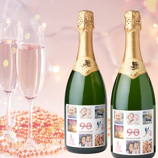 90th birthday party photo collage sparkling wine label (Creator Uploaded)