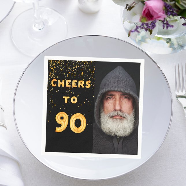90th birthday party photo gold balloons black napkin (Creator Uploaded)
