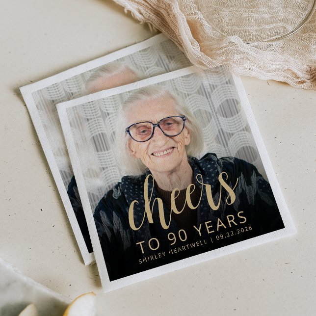 90th Birthday Party Photo Gold Script Cheers Napkin (Creator Uploaded)