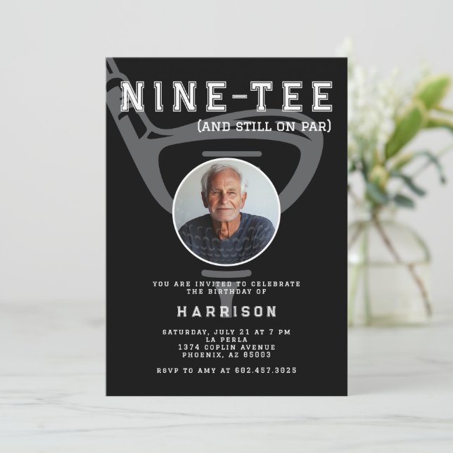 90th Birthday Party Photo Modern Golf Black Invitation (Standing Front)