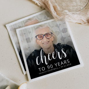 90th Birthday Party Photo White Script Cheers Napkin