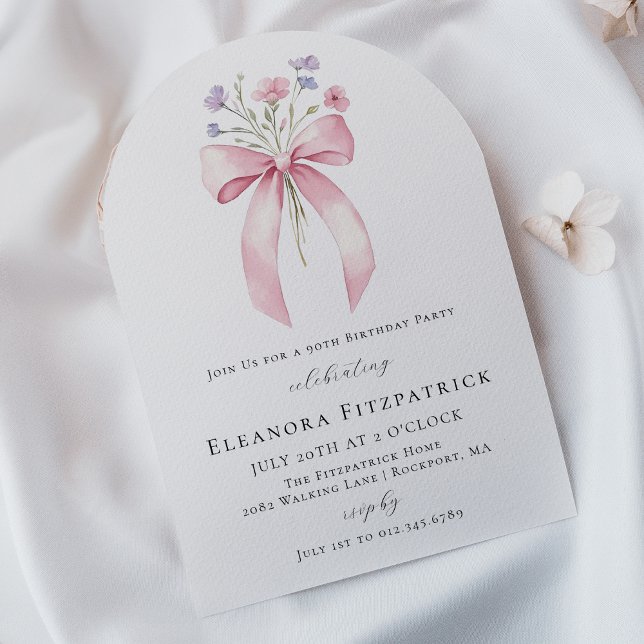 90th Birthday Party Pink Bow Wildflower Arch Invitation (Creator Uploaded)