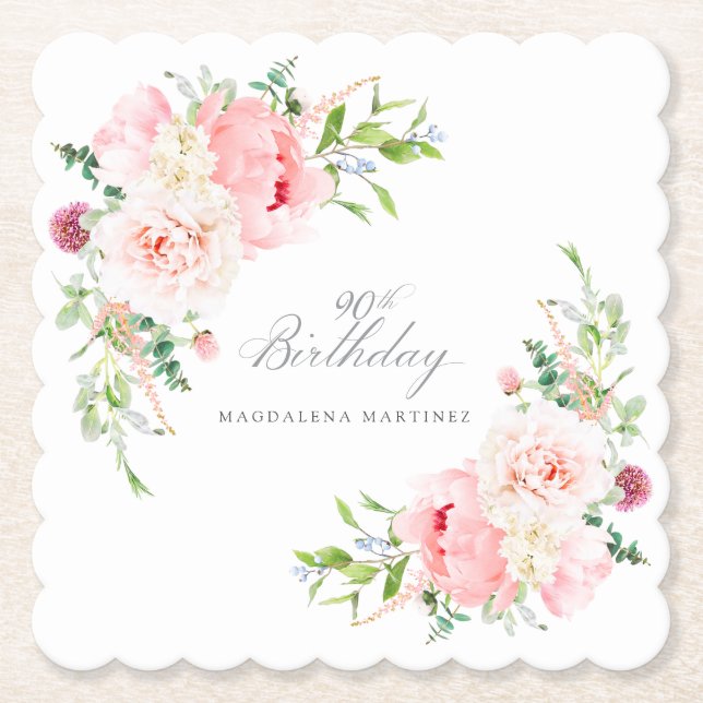 90th Birthday Party Pink Floral Custom Paper Coaster (Front)